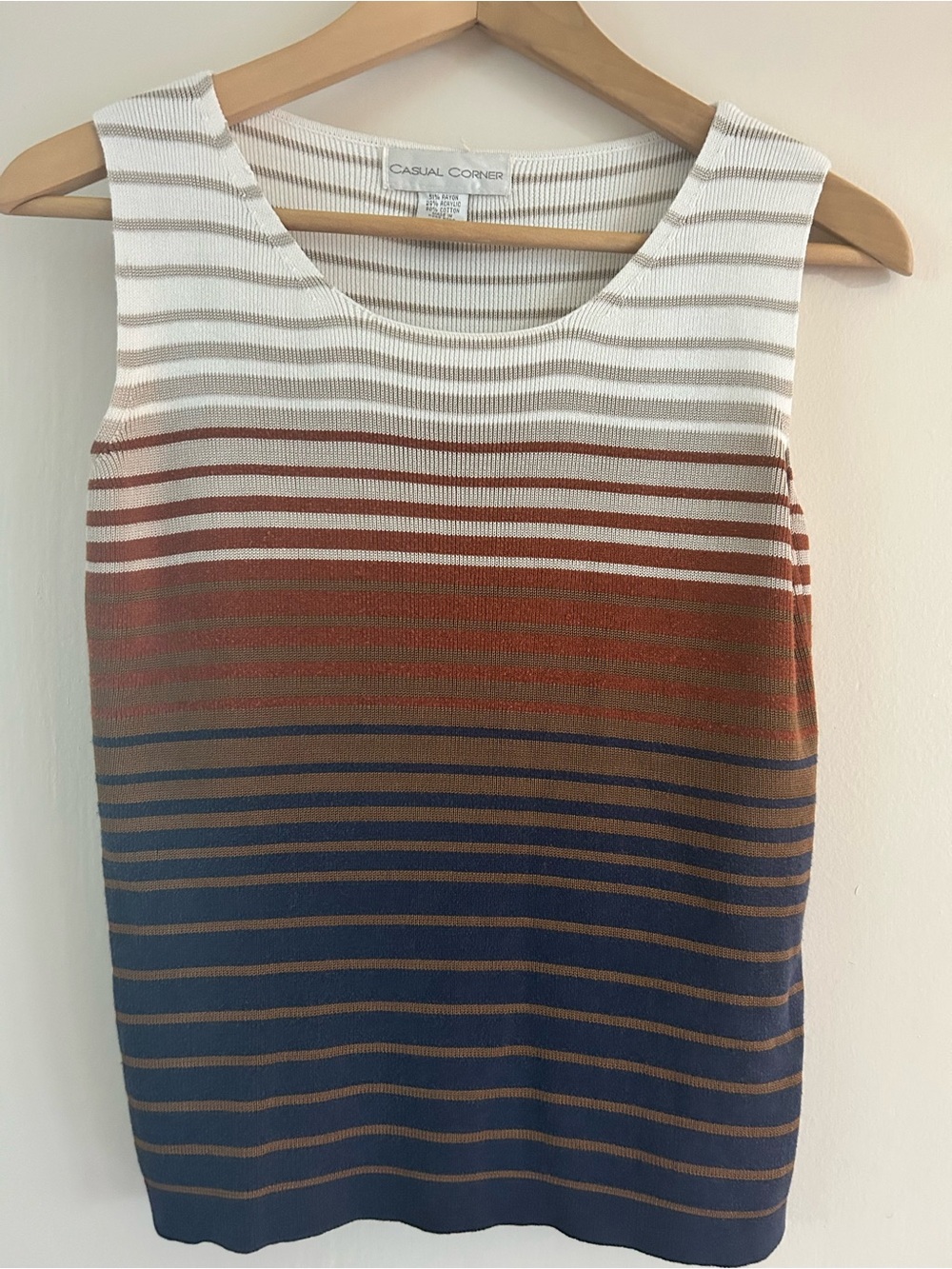 Casual Corner Striped Sleeveless Knit Tank in White, Rust & Navy